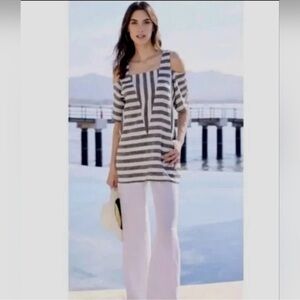 Soft Surroundings Black and White Striped Cold Shoulder Top.  Great condition